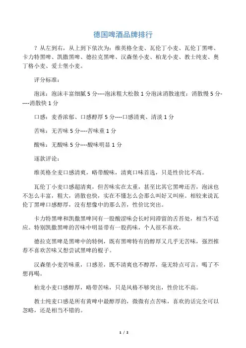 德国啤酒品牌排行