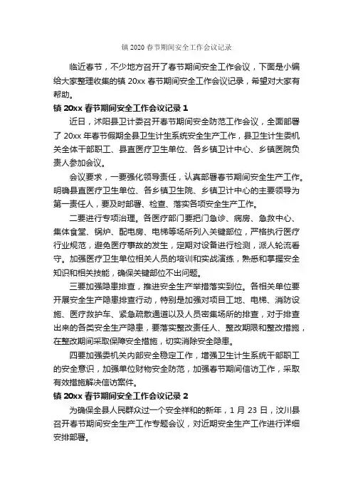 镇2020春节期间安全工作会议记录_公文写作范文_