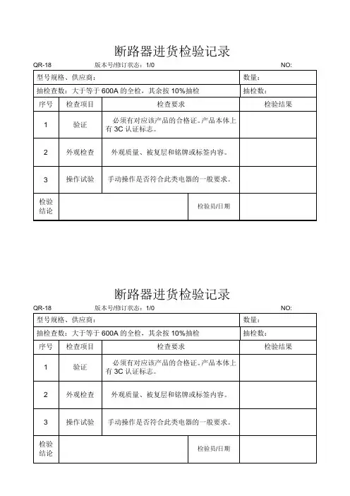 经典成套电器公司元器件进货检验记录模板