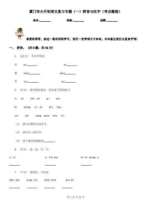 厦门市小升初语文复习专题(一)拼音与汉字(考点梳理)
