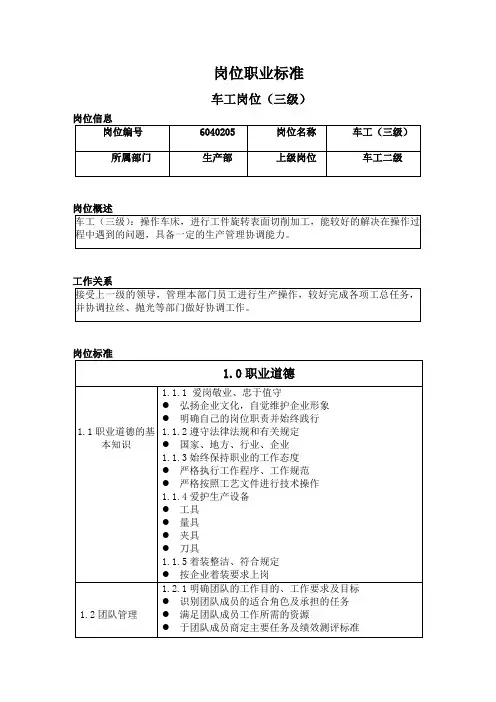 车工岗位职业标准三级