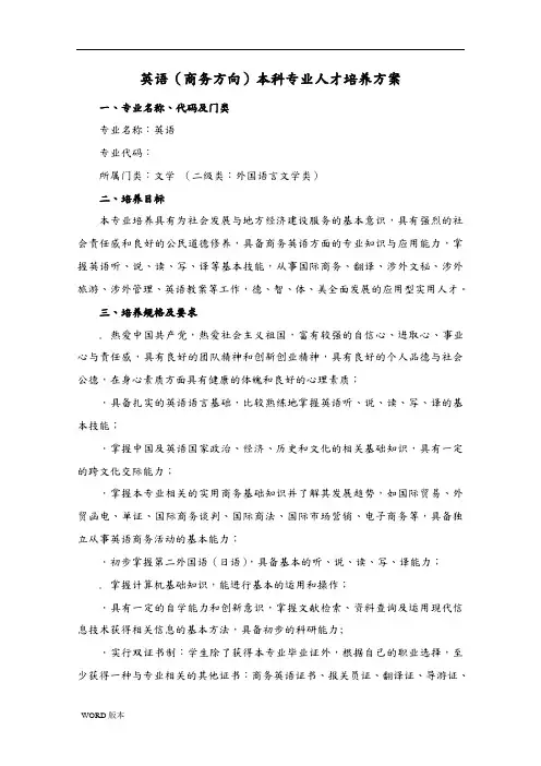 英语本科专业人才培养方案