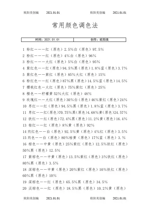 常用颜色调色法+颜色调配表-颜料调色表大全之欧阳美创编