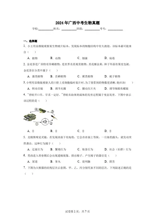 【中考真题】2024年广西中考生物试卷(附答案)