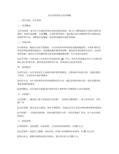 头疗美容创业计划书模板