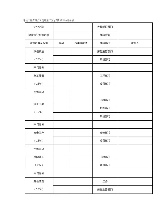 建筑工程有限公司现场施工分包商年度评审计分表