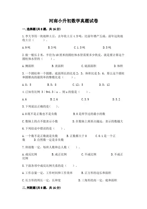 河南小升初数学真题试卷及参考答案(完整版)