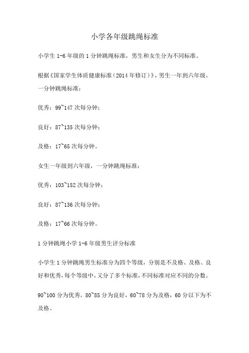 小学各年级跳绳标准