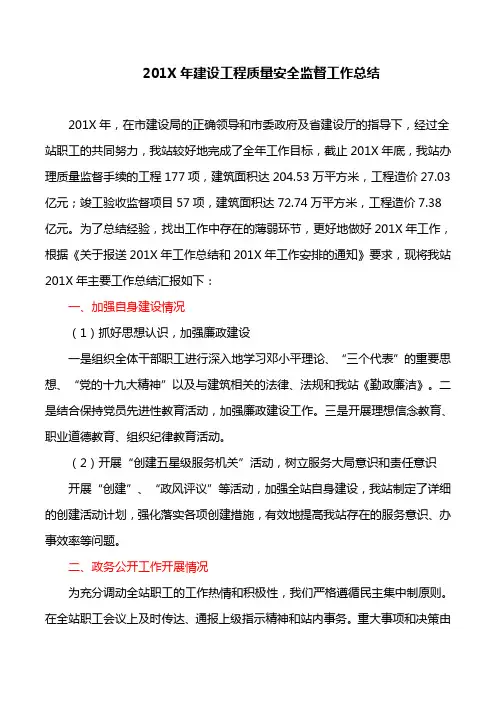 安全生产总结：201X年建设工程质量安全监督工作总结