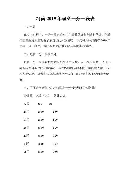 河南2019年理科一分一段表