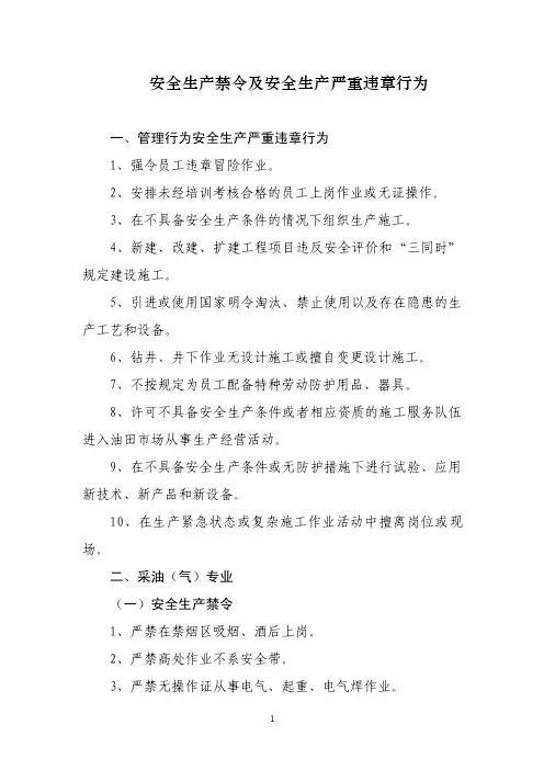安全生产禁令及安全生产严重违章行为