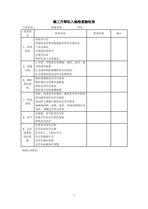 施工升降机入场检查验收表