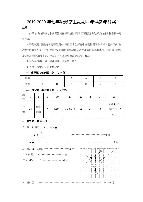 2019-2020年七年级数学上期期末考试参考答案