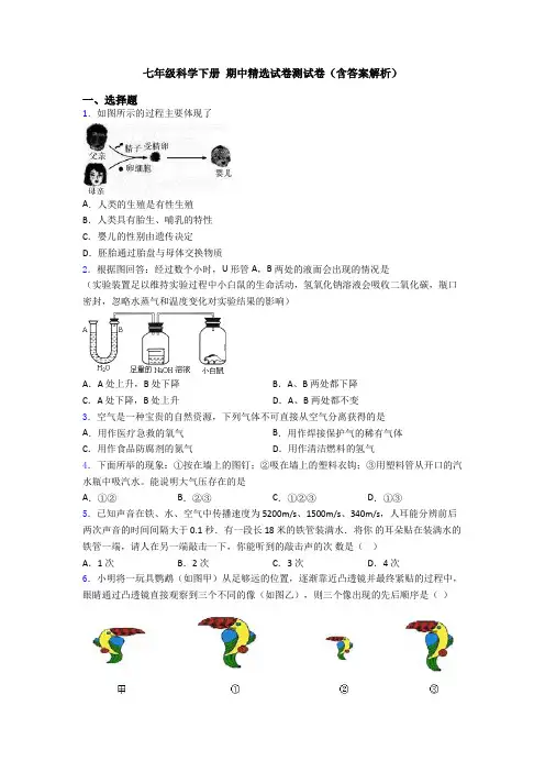 七年级科学下册 期中精选试卷测试卷(含答案解析)