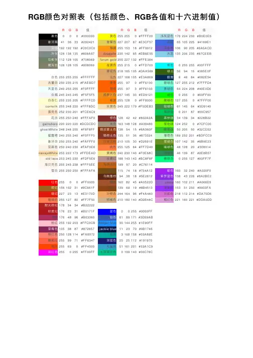 RGB颜色对照表（包括颜色、RGB各值和十六进制值）