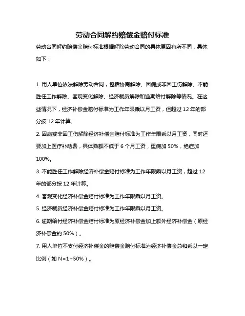 劳动合同解约赔偿金赔付标准