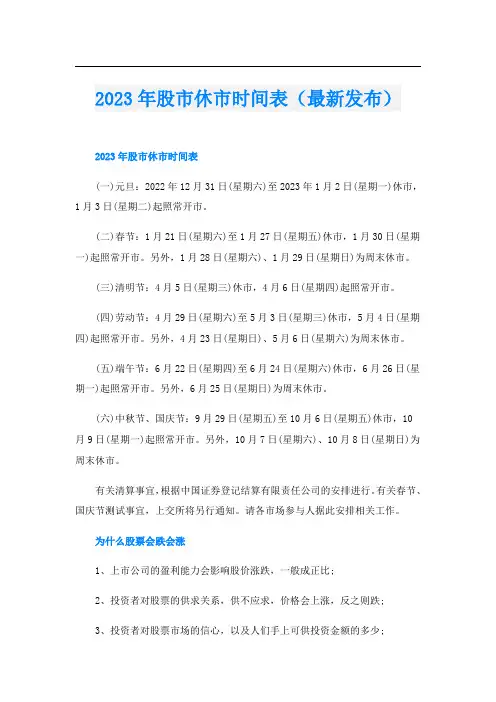 2023年股市休市时间表(最新发布)