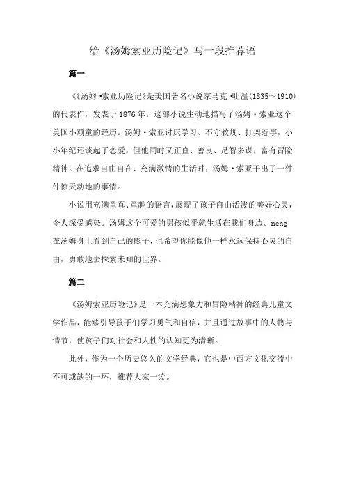 给《汤姆索亚历险记》写一段推荐语