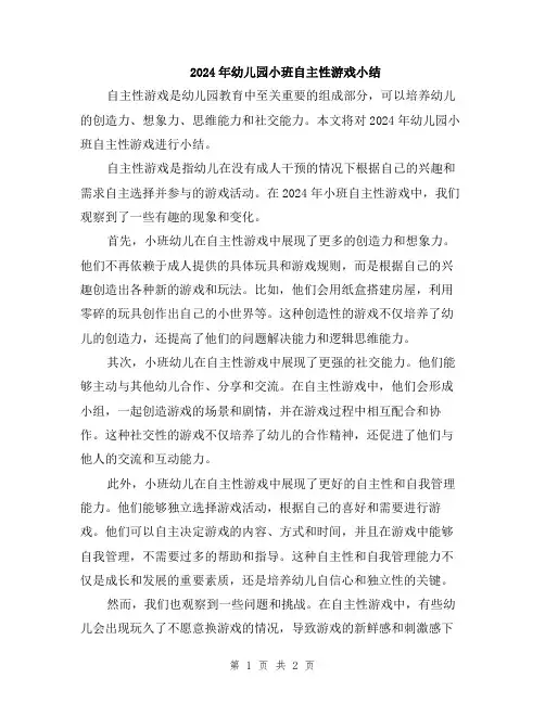 2024年幼儿园小班自主性游戏小结