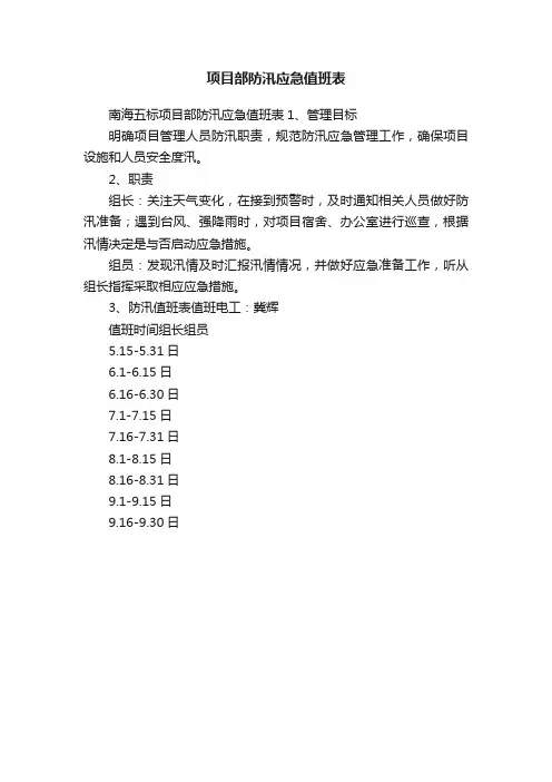 项目部防汛应急值班表