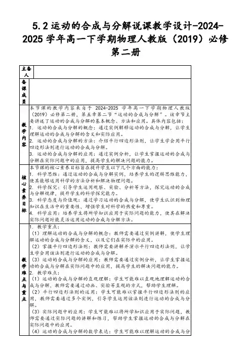 5.2运动的合成与分解说课教学设计-2024-2025学年高一下学期物理人教版(2019)必修第二册