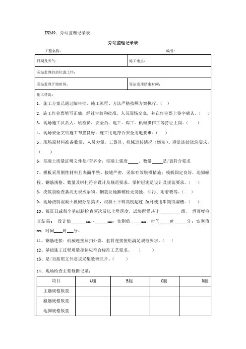 线路基础混凝土浇筑旁站监理记录表
