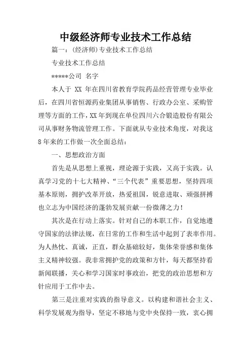 中级经济师专业技术工作总结