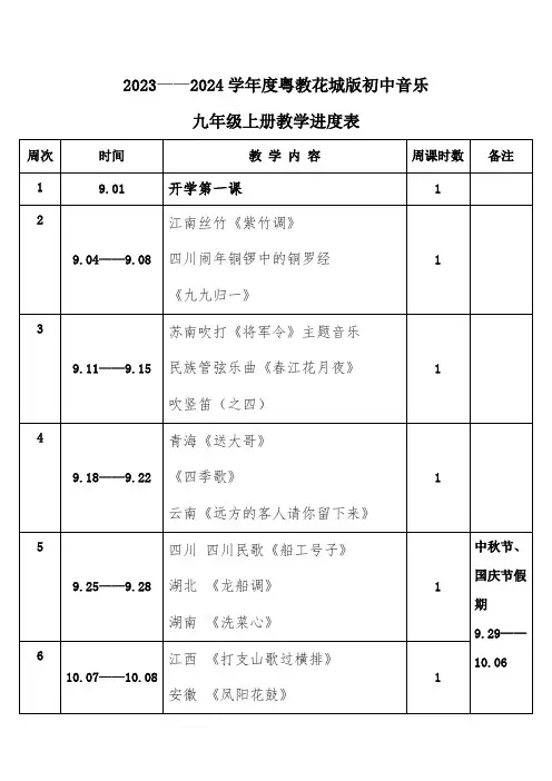 2023年秋学期粤教花城版初中音乐九年级上册教学进度表