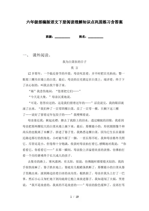 六年级部编版语文下册阅读理解知识点巩固练习含答案