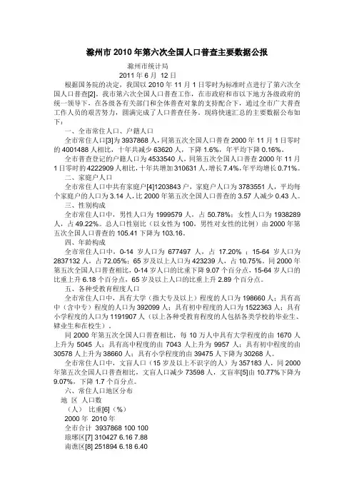 滁州市2010年第六次全国人口普查主要数据公报