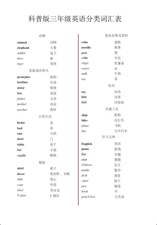 科普版三年级英语分类词汇表