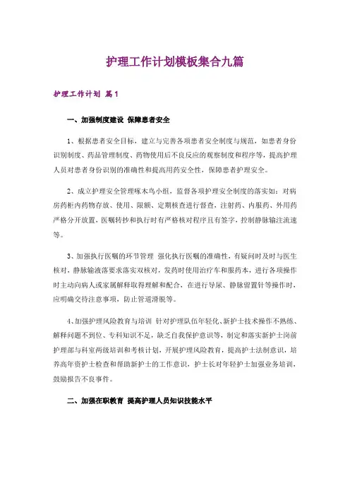 护理工作计划模板集合九篇