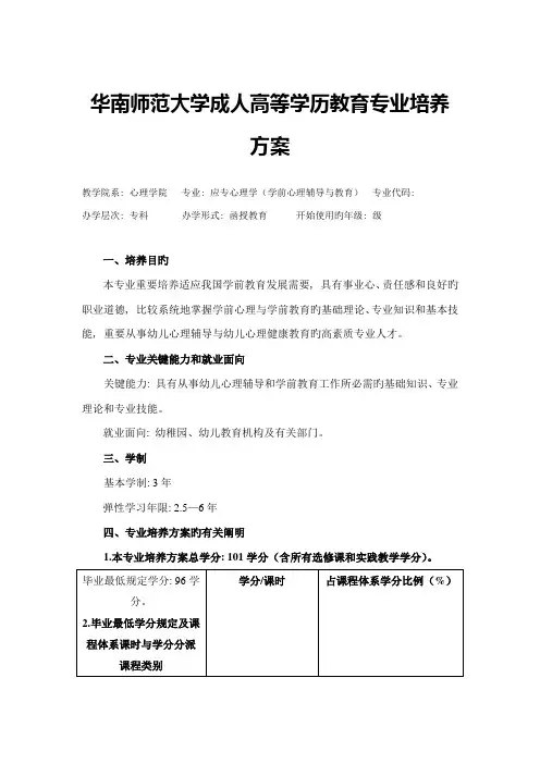 专业培养方案应用心理学学前心理辅导与教育