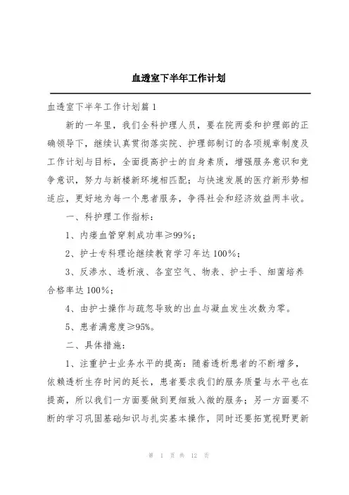 血透室下半年工作计划