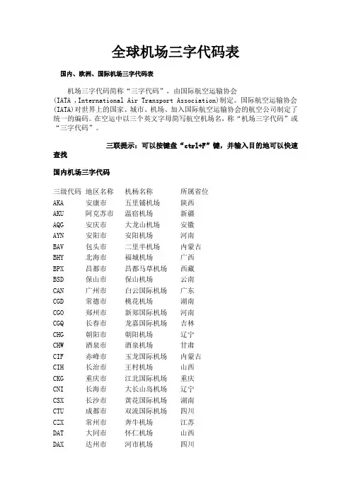 全球机场三字代码表