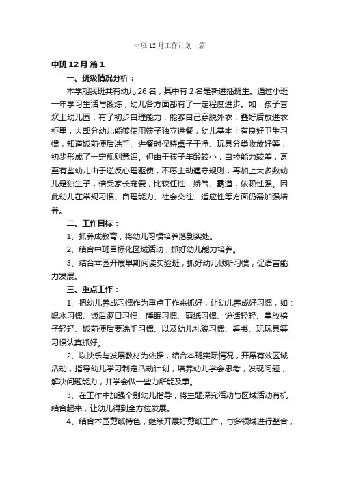 中班12月工作计划十篇
