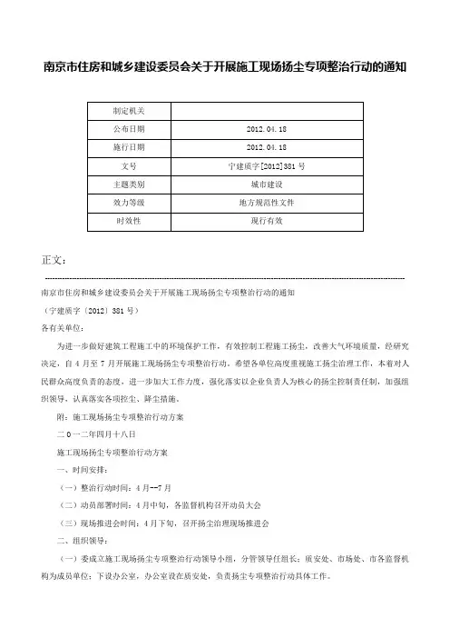 南京市住房和城乡建设委员会关于开展施工现场扬尘专项整治行动的通知-宁建质字[2012]381号