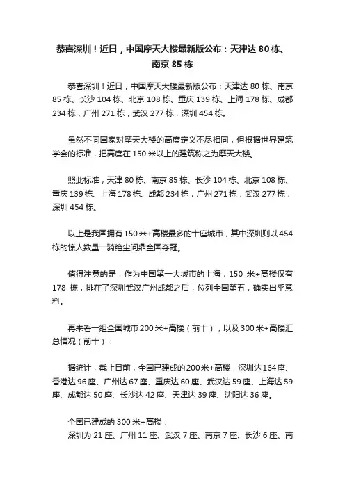 恭喜深圳！近日，中国摩天大楼最新版公布：天津达80栋、南京85栋