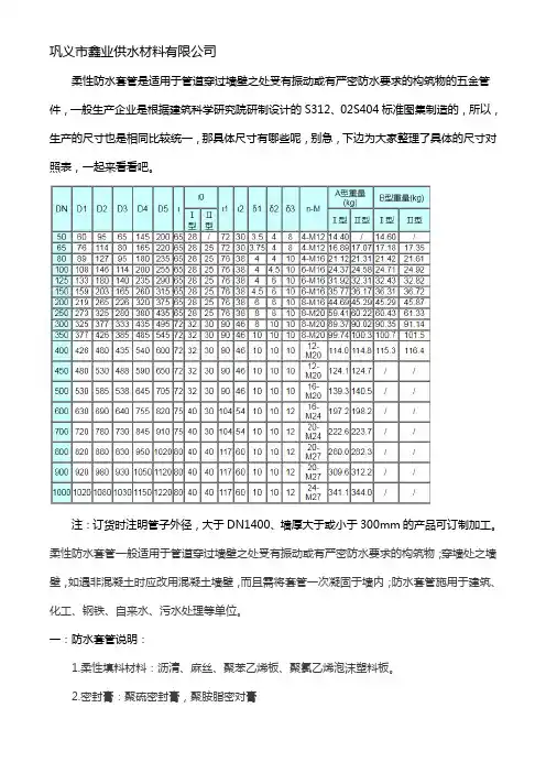 柔性防水套管规格尺寸对照表