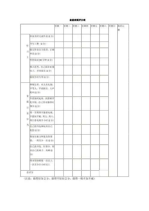 小学生家庭规则打分表