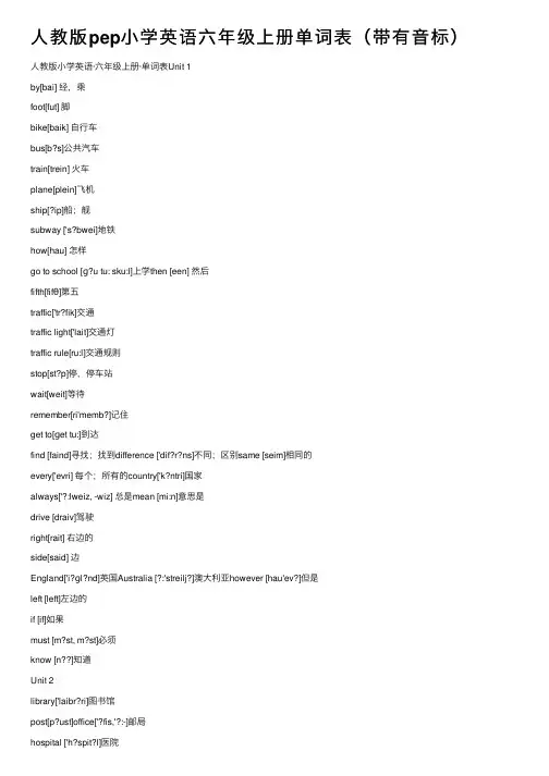 人教版pep小学英语六年级上册单词表（带有音标）