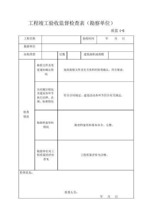 工程竣工验收监督检查表