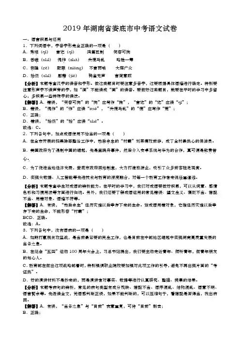 2019年湖南省娄底市中考语文试卷(解析版)