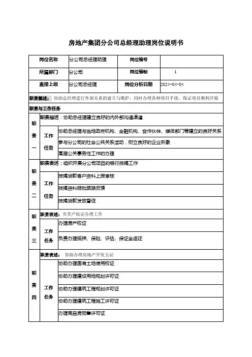 房地产集团分公司总经理助理岗位说明书