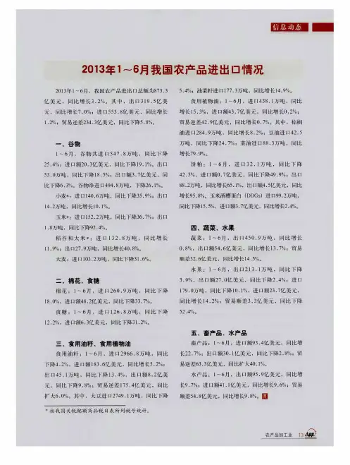 2013年1～6月我国农产品进出口情况