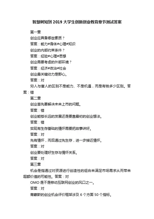 智慧树知到2019大学生创新创业教育章节测试答案