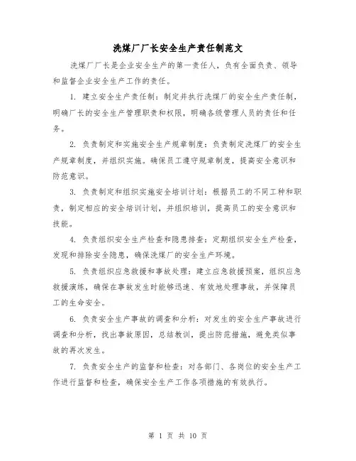 洗煤厂厂长安全生产责任制范文(4篇)