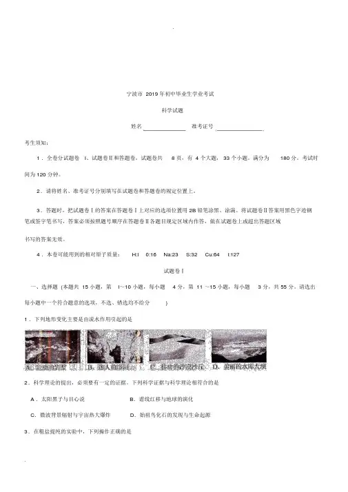 2019年浙江省宁波市中考科学试卷(含答案)