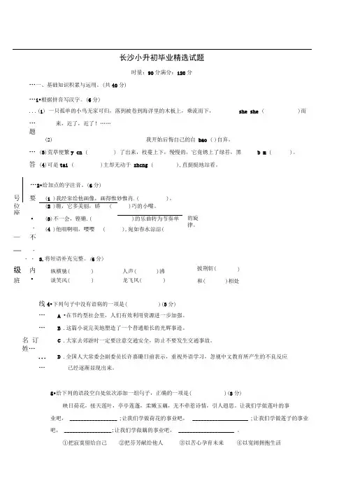 六年级下册语文试题-.长沙小升初精选试卷人教新课标(含答案)