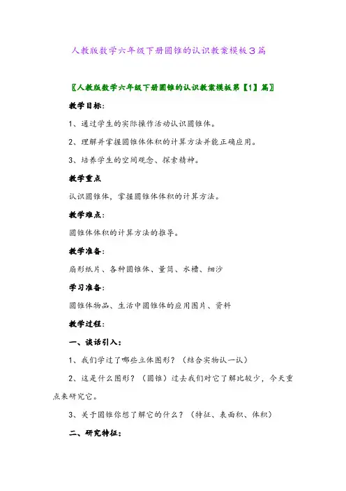 2024年人教版数学六年级下册圆锥的认识教案模板3篇